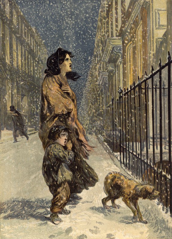 Hajléktalan szegény, anya és gyermeke kutyával a hóban (chromolitho) alkotó: John Gilbert