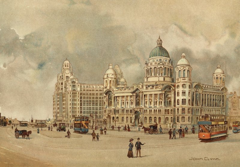 Liverpool: a Mersey Docks and Harbour Board irodái, a Liver Building stb., Megközelítés a leszállópályához (színes litho) alkotó: John Glynn