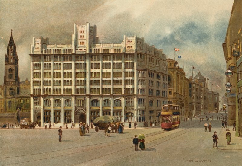 Liverpool: Tower Building és Water Street (színes litho) alkotó: John Glynn