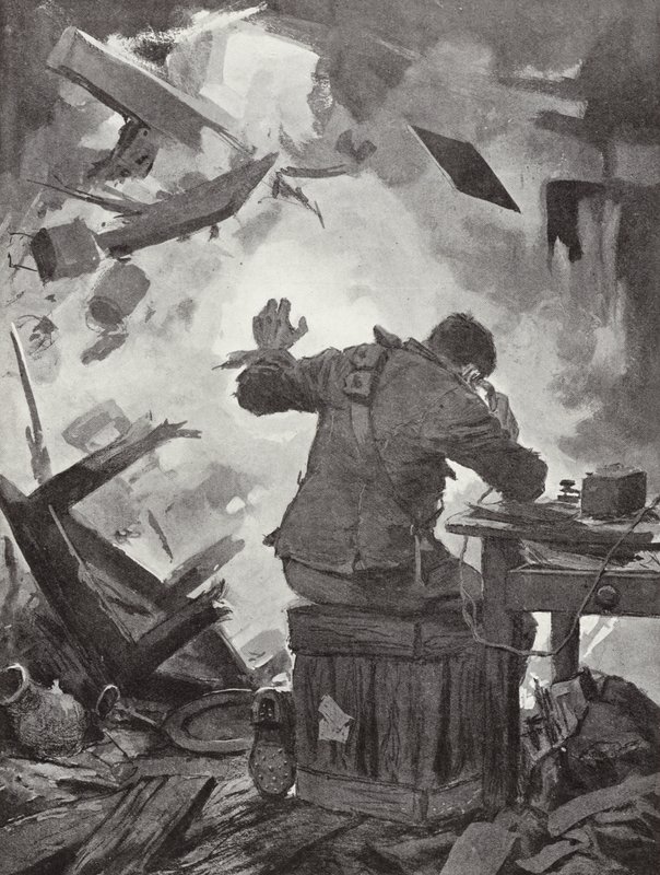Bombardier W H French befejezi az üzenetét, miután egy lövedék átjött a szobán, amelyben telefonált, Helpegarde, I. világháború alkotó: John Harris Valda