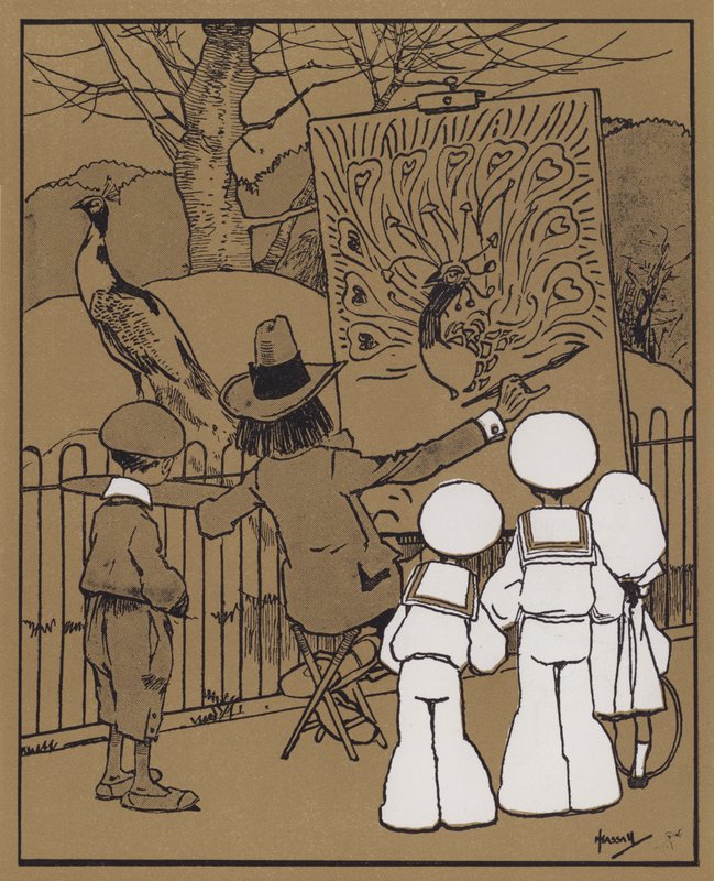 A páva és a díszítőművész (színes litó) alkotó: John Hassall