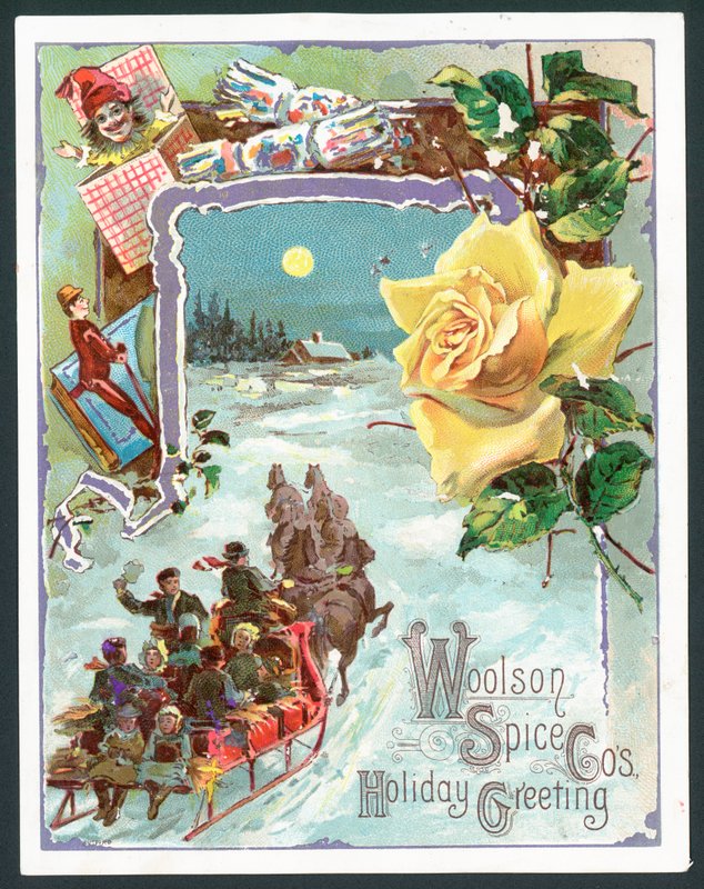 Woolson Spice Company karácsonyi üdvözlőlap (chromolitho) alkotó: John Henry Bufford