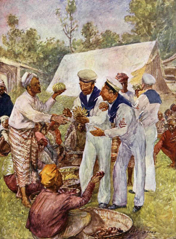 Brit kátrány egy burmai piacon (színes litó) alkotó: John Henry Frederick (after) Bacon