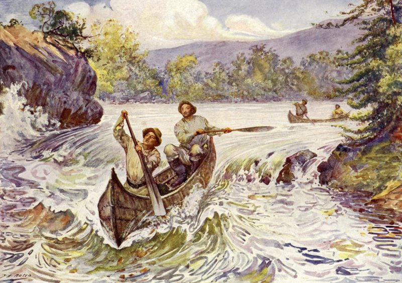 Kanadaiak zuhatagot lövöldöznek kenuval (színes litho) alkotó: John Henry Frederick (after) Bacon