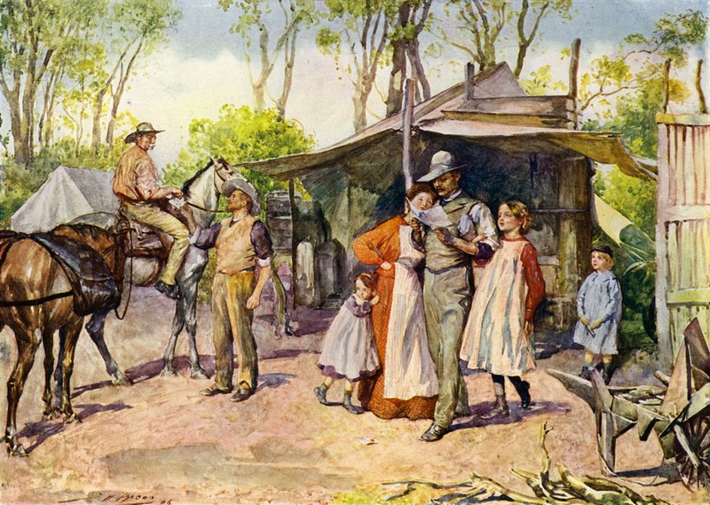 Levelek kézbesítése az ausztrál bokorban (színes litho) alkotó: John Henry Frederick (after) Bacon