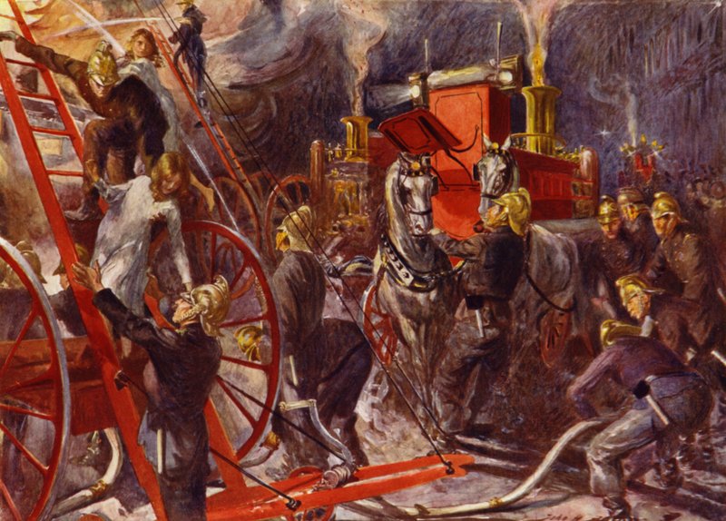 Tűzoltóság a munkahelyen (színes litho) alkotó: John Henry Frederick (after) Bacon