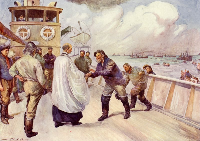 Az északi-tengeri halászflotta halászai istentiszteletre gyülekeznek (színes litho) alkotó: John Henry Frederick (after) Bacon