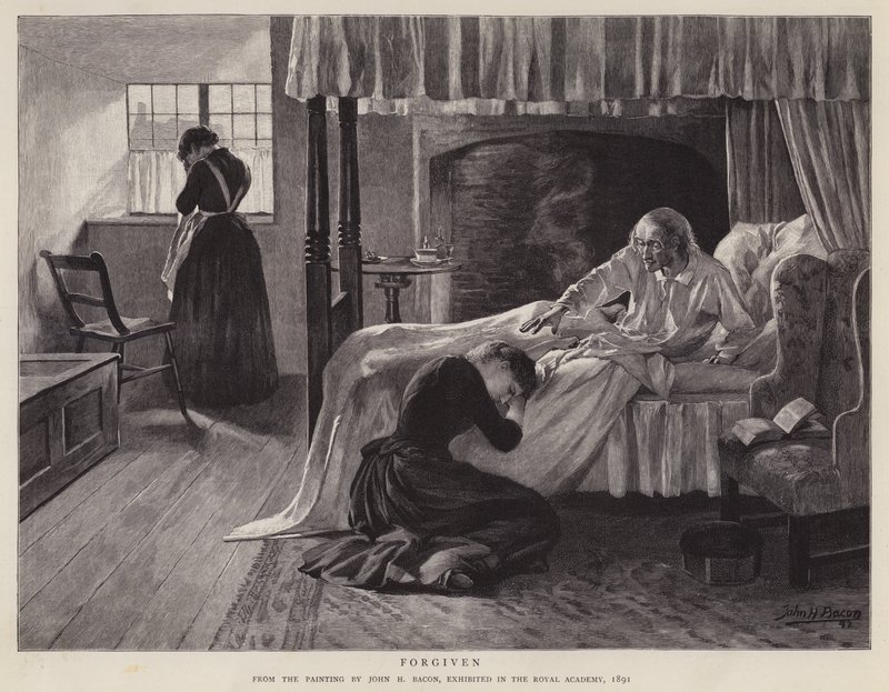 Megbocsátva, John H Bacon festménye a Királyi Akadémián 1891-ben kiállítva (litho) alkotó: John Henry Frederick (after) Bacon