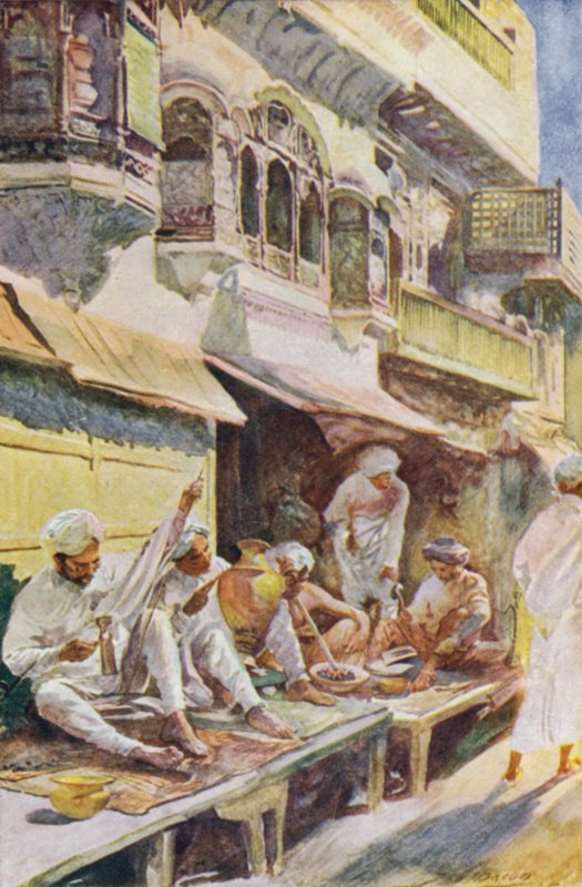 Munkások egy indiai bazárban alkotó: John Henry Frederick Bacon