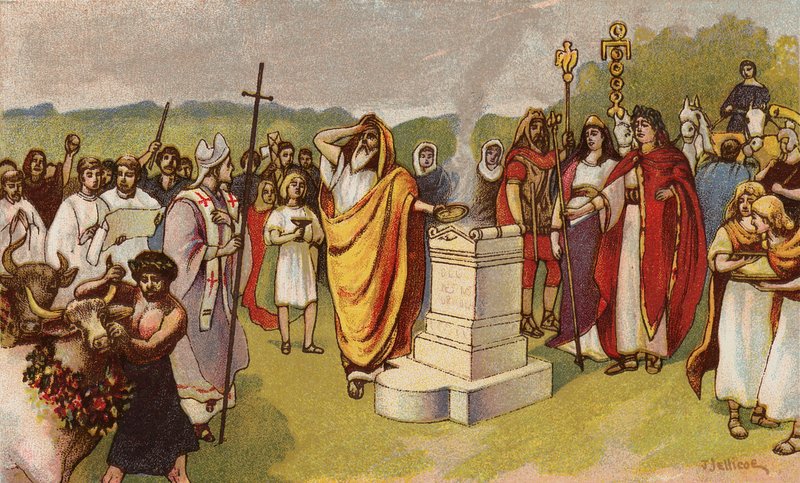 Nagy Konstantin áldozatot mutat be az első keresztények megérkezésekor, York, 306 (chromolitho) alkotó: John Jellicoe