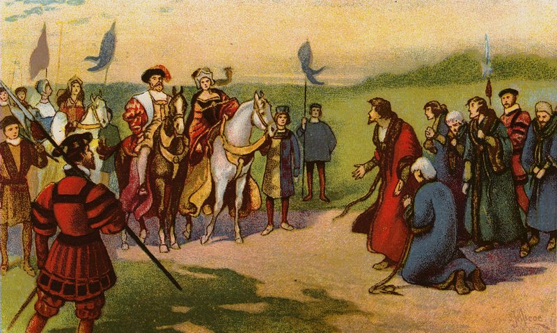 VIII. Henrik király és Katalin Howard Yorkba érkezik az 1541-es kegyelem zarándokútja után (chromolitho) alkotó: John Jellicoe