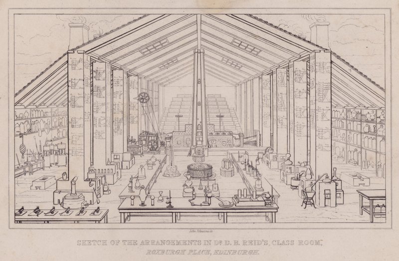 Vázlat a berendezésről Dr. D B Reid osztálytermében, Roxburgh Place, Edinburgh (metszet) alkotó: John Johnstone