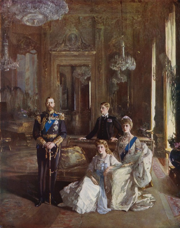 V. György király, Mária királynő, a walesi herceg és Mária hercegnő a fehér szalonban, Buckingham-palota, London, 1913 alkotó: John Lavery