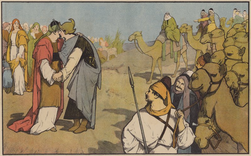 Ézsau üdvözli Jákóbot, hogy visszatérjen saját hazájába alkotó: John Lawson