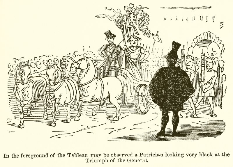 A Tableau előterében egy patrícius figyelhető meg, aki nagyon feketének néz a tábornok diadalán alkotó: John Leech