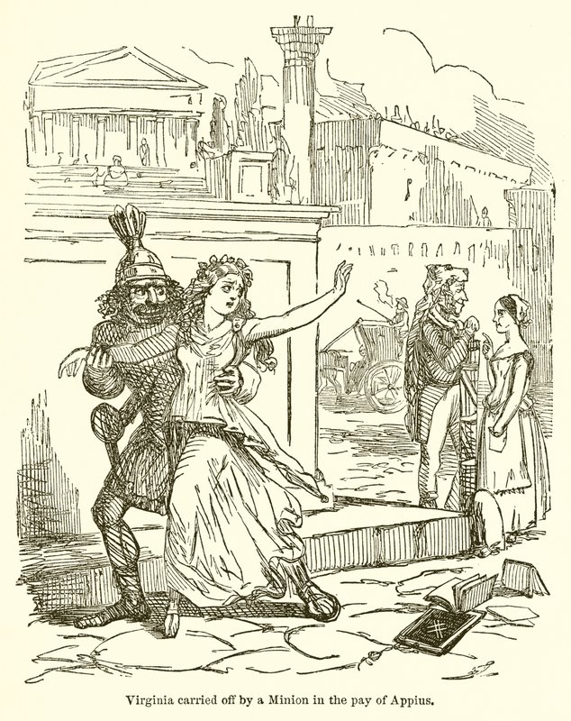 Virginiát egy Appius fizetségében lévő kegyenc vitte el. alkotó: John Leech