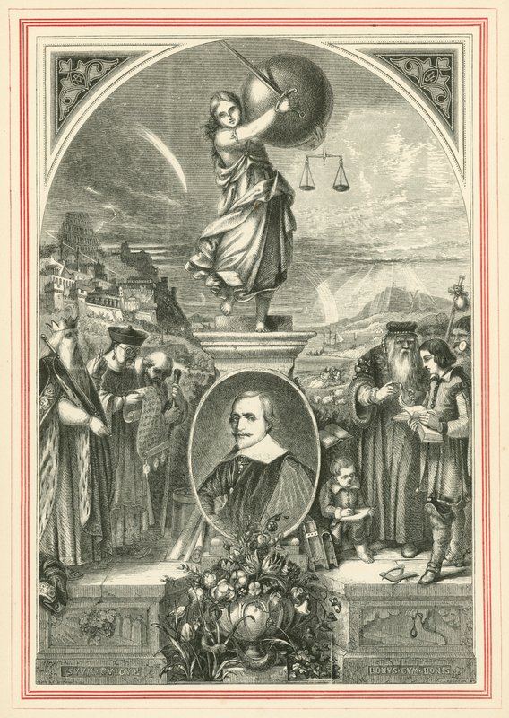 Jacob Cats portréja, az Egyetemes Igazságosság allegorikus alakja alatt (metszet) alkotó: John Leighton