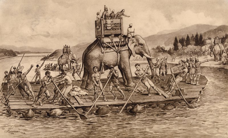 Hannibál átkelése a Rhone folyón (litográfia) alkotó: John Macfarlane