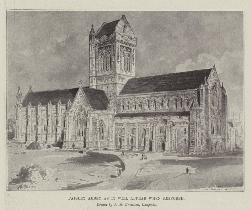 Paisley Abbey, ahogy a helyreállítás után megjelenik alkotó: John McLure Hamilton