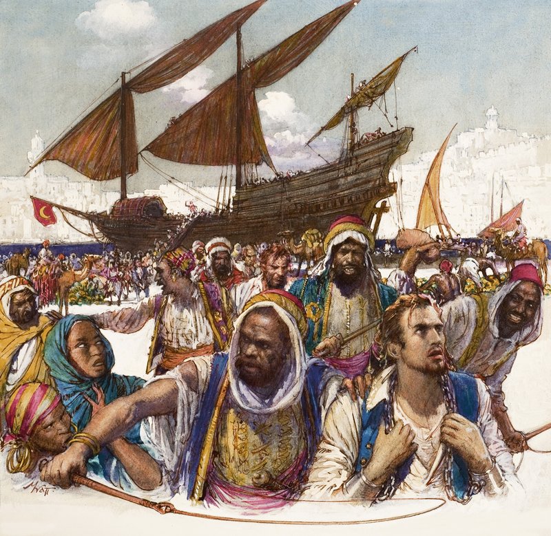 Láncra vert arab foglyokat vezetnek ki a dokkokból, a háttérben dhow-val alkotó: John Millar Watt