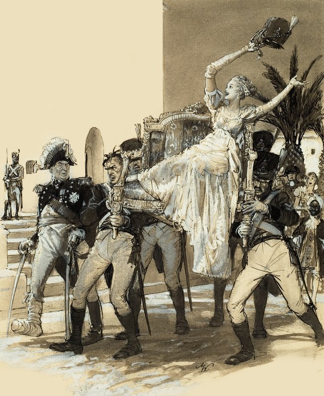 Katonák által cipelt lány (gouache, papír) alkotó: John Millar Watt