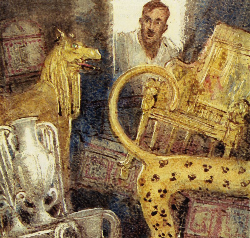 Howard Carter felfedezte Tutanhamon elveszett sírkamráját (színes litográfia) alkotó: John Millar Watt