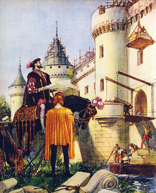 I. Ferenc francia király, a kastélyok építésének felügyelete (színes litográfia) alkotó: John Millar Watt