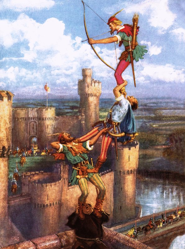 Robin Hood lövöldözik a nottinghami várban alkotó: John Millar Watt