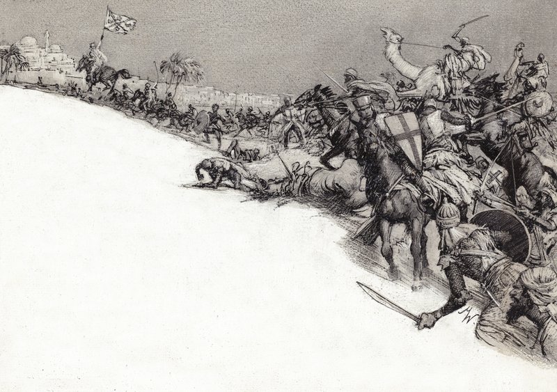 Szaracénok támadása Jeruzsálemben (gouache, papír) alkotó: John Millar Watt