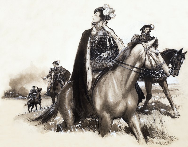 Azonosítatlan királynő elhagyja a füstölgő várost kísérettel alkotó: John Millar Watt