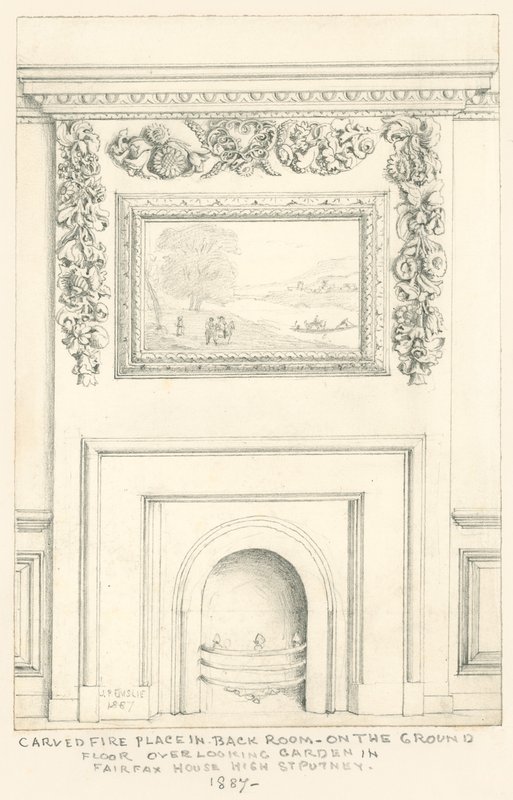 Faragott kandalló a hátsó szobában a földszinten, kilátással a kertre, Fairfax House, High Street, Putney, 1887 alkotó: John Phillipp Emslie