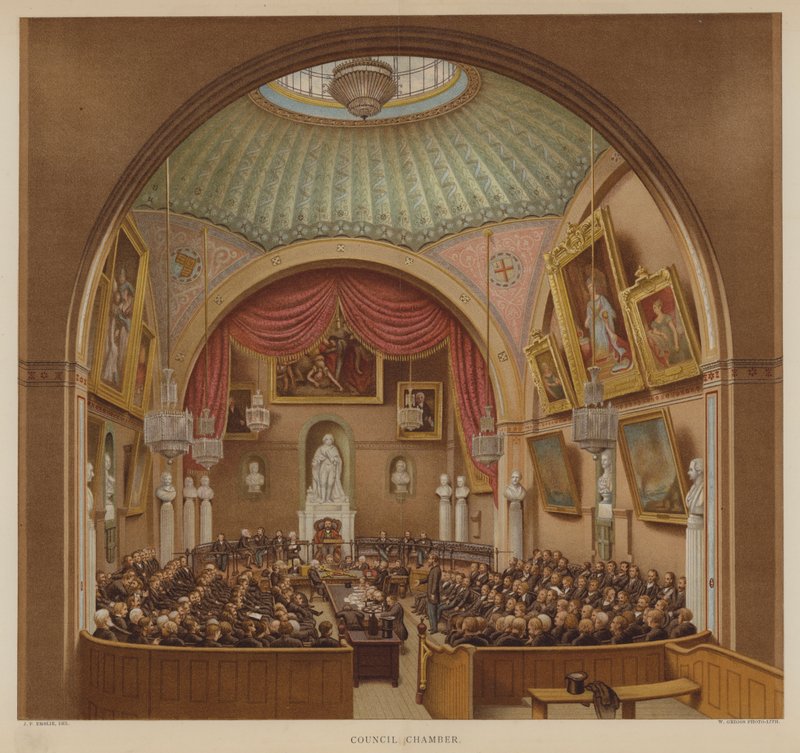 Tanácsterem, Guildhall, London City (színes litó) alkotó: John Phillipp Emslie