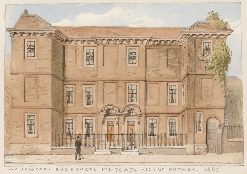 Old Jacobean rezidenciák, 72. és 74., High Street, Putney, London, 1887 alkotó: John Phillipp Emslie
