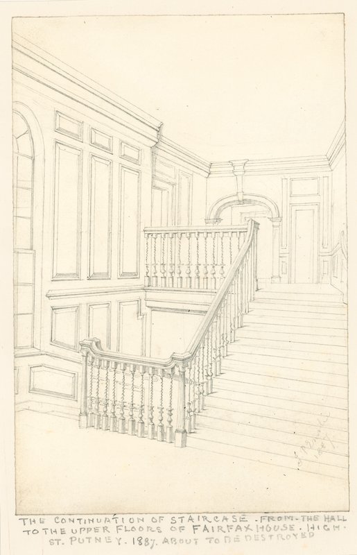 A Fairfax-ház, High Street, Putney, High Street, 1887. A lépcsőház folytatása a hallból a felsőbb emeletekre. alkotó: John Phillipp Emslie