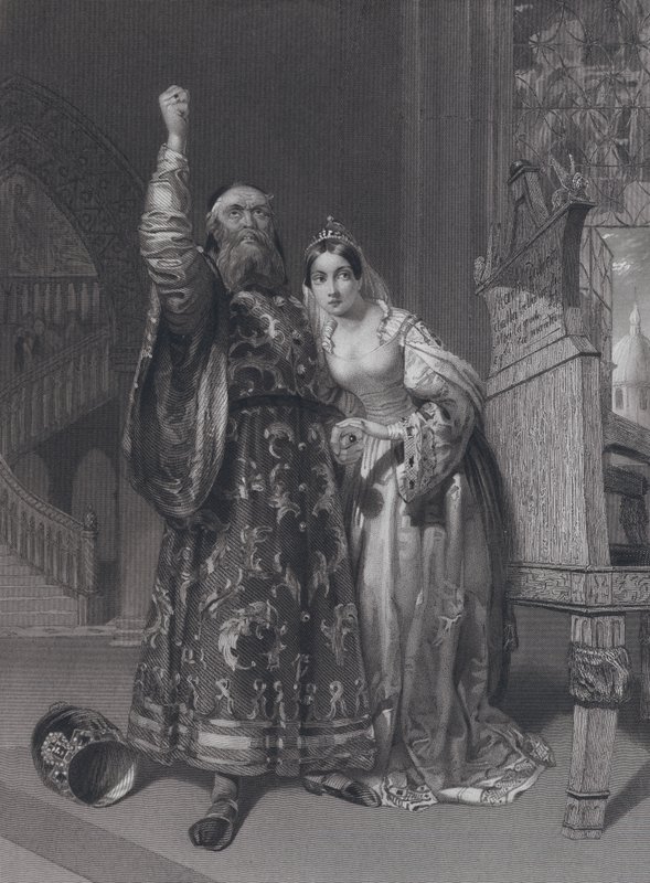 Marino Faliero, a velencei dózse, bosszúállással fenyegetőzik felesége, Aluycia Gradenigo rágalmazásáért (metszet) alkotó: John Rogers (after) Herbert