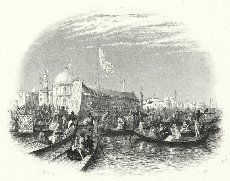 A tenger házassága. A dózse uszálya és gondolák a vízen Velencében (metszet) alkotó: John Rogers (after) Herbert
