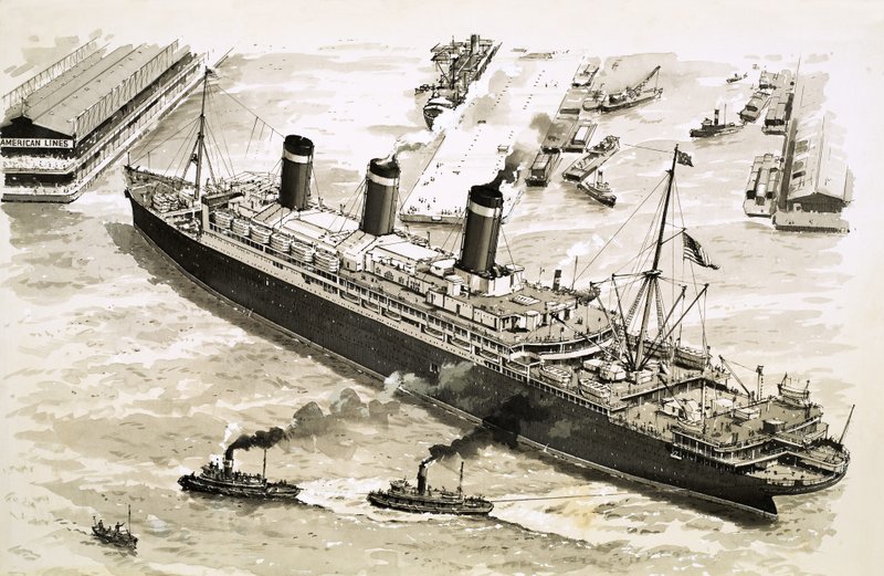 A Leviathan gőzhajót vontatóhajók a New York-i kikötő egyik mólója felé terelik. alkotó: John S. Smith
