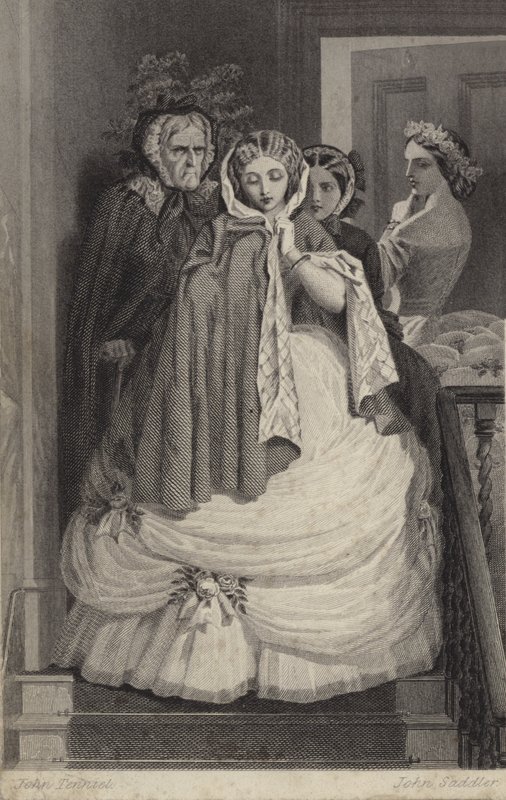 Gyönyörű lány, buliba öltözve, lépcsőn lefelé alkotó: John Tenniel