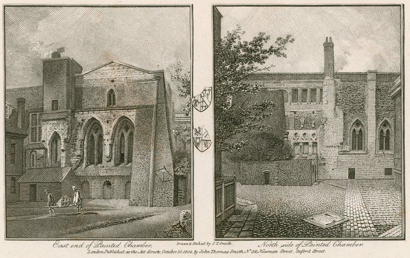 A Westminster-palota festett kamrájának keleti vége (balra) és északi oldala (jobbra). alkotó: John Thomas Smith