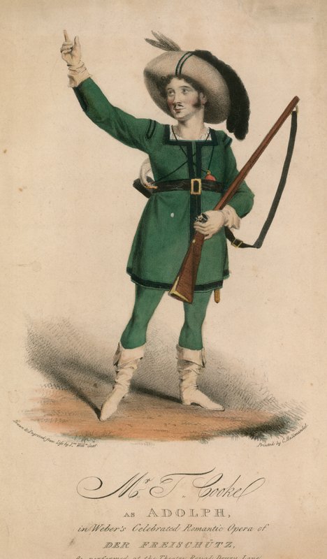 Mr. T. Cooke Adolph szerepében Weber híres romantikus operájában, a Der Freischutzban a Theatre Royal Drury Lane-ben. alkotó: John W. Gear