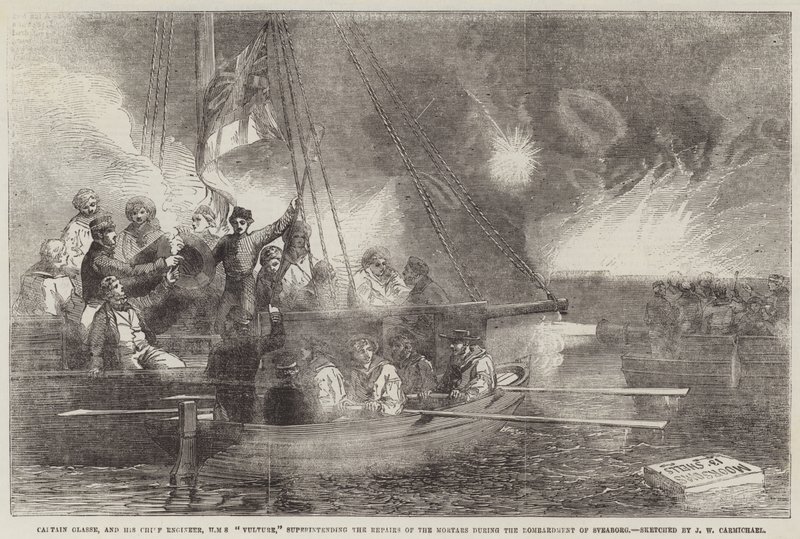 Glasse kapitány és főmérnöke, a HMS Vulture, akik a mozsárjavítást irányítják Sveaborg bombázása során alkotó: John Wilson Carmichael