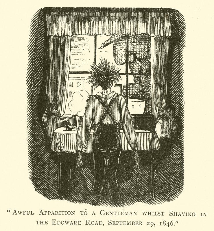 Szörnyű jelenés egy úriembernek borotválkozás közben az Edgware Roadon, 1846. szeptember 29. alkotó: John after Leech