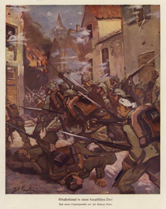 Utcai csata egy francia faluban, I. világháború (színes litho) alkotó: Josef Andreas Sailer
