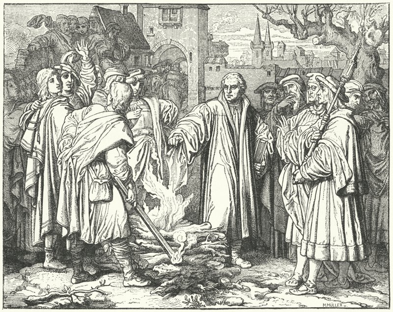 Luther Márton elégeti a pápai bullát Wittenbergben, 1520 alkotó: Josef Mathias Trenkwald
