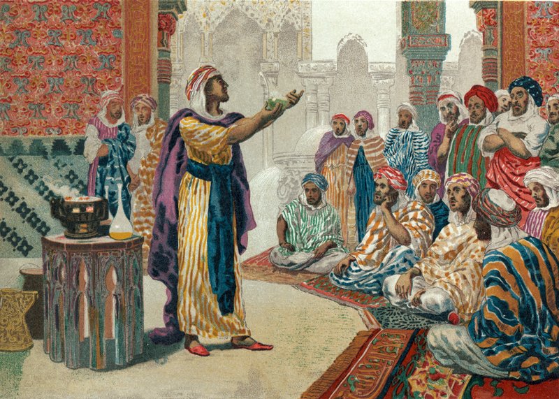 Jabir ibn Hayyan kémiát tanít Edesában alkotó: Josep or Jose Planella Coromina