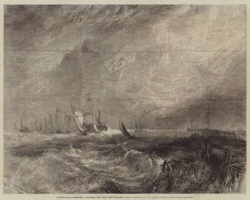 Halászhajók, amelyek mozgássérült hajót hoznak Rysdael kikötőjébe alkotó: Joseph Mallord William Turner