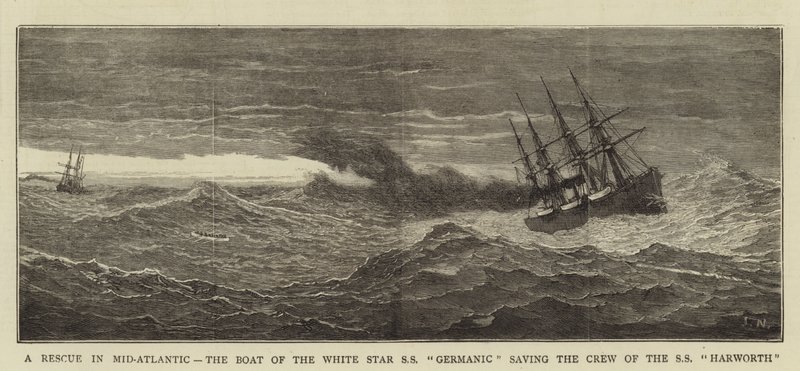 Mentőakció az Atlanti-óceán közepén, a White Star SS Germanic hajója megmenti az SS Harworth legénységét. alkotó: Joseph Nash