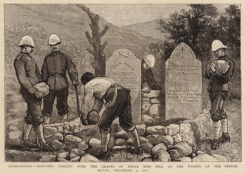Afganisztán, táblákat állítanak a Peiwar Kotal elfoglalásakor elesettek sírjai fölé, 1879. december 2. alkotó: Joseph Nash