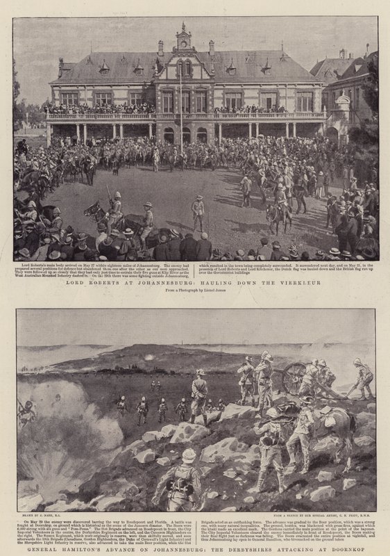 Lord Roberts Johannesburgnál, a Vierkleur levonulása, Hamilton tábornok előrenyomulása Johannesburgnál, a Derbyshire-ek támadása Doornkopnál. alkotó: Joseph Nash