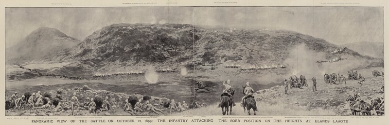 Panorámakép az 1899. október 21-i ütközetről, a gyalogság megtámadja a búr állást az Elands Laagte-i magaslaton alkotó: Joseph Nash